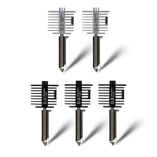 Bambu Lab Hotend A1-Serie, verschiedene Düsen mit Durchmessern 0,2 mm, 0,4 mm, 0,6 mm, 0,8 mm für präzises Drucken.