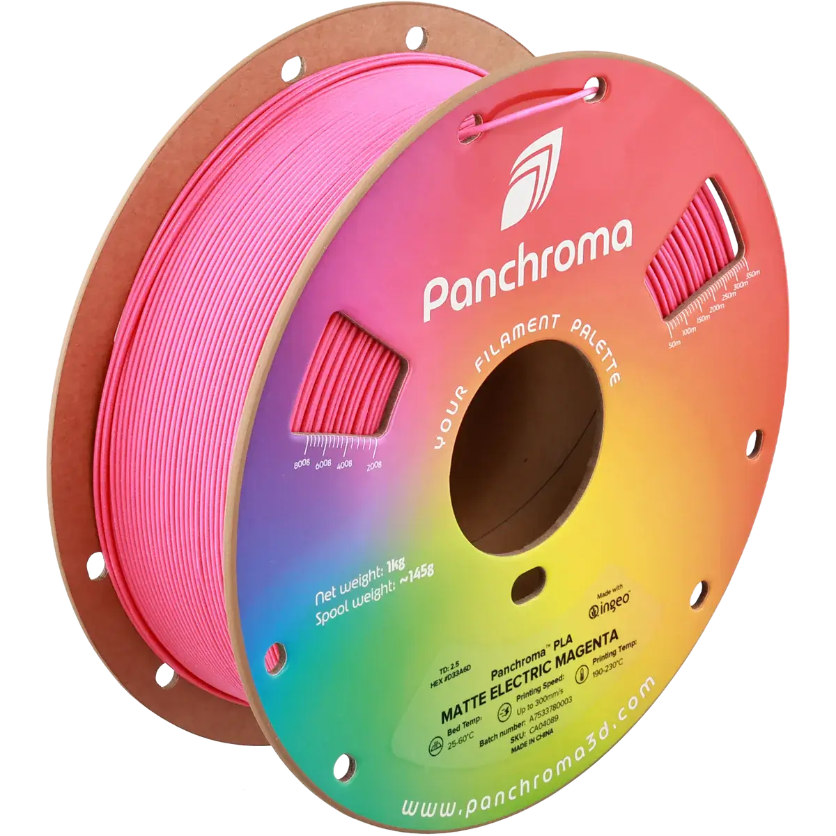 Polymaker Panchroma PLA Matt - das PLA für sanfte Oberflächen in Matter Electric Magenta auf einer Filamentrolle.