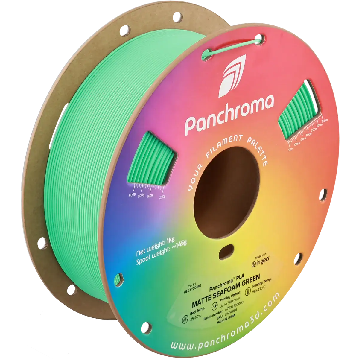 Polymaker Panchroma PLA Matt - das PLA für sanfte Oberflächen, Filamentrolle in matte Sefoam-Grün.