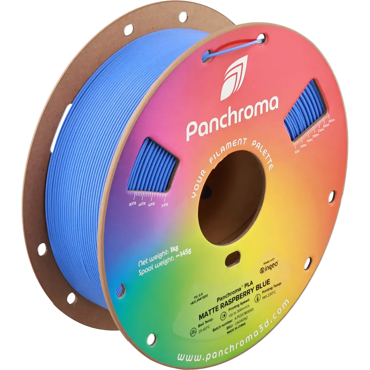 Polymaker Panchroma PLA Matt - das PLA für sanfte Oberflächen, blaue Filament-Spule für 3D-Druck.