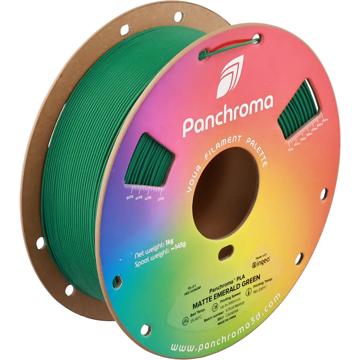 Polymaker Panchroma PLA Matt - das PLA für sanfte Oberflächen, Matte Emerald Green Filament auf einer Spule.