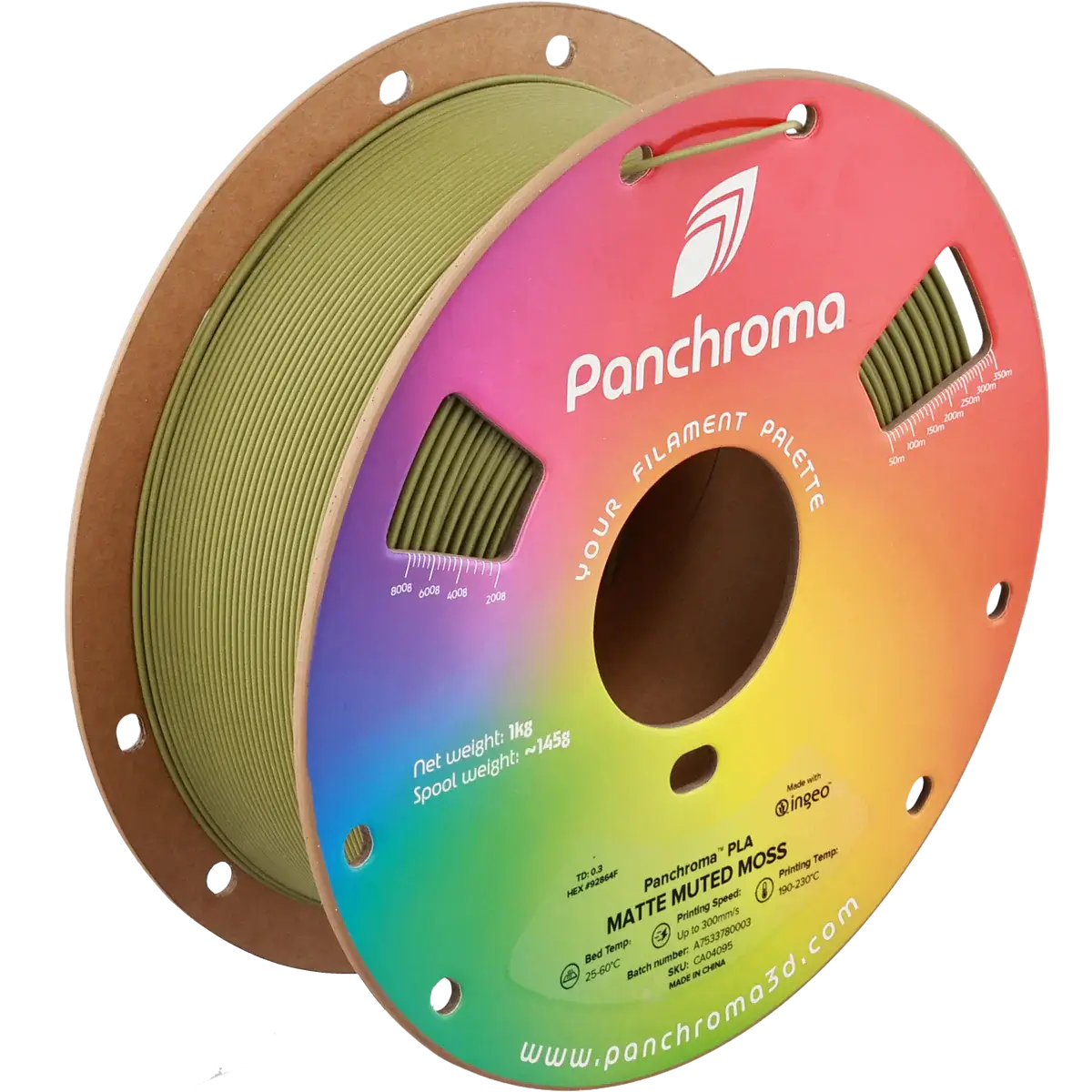 Polymaker Panchroma PLA Matt - das PLA für sanfte Oberflächen auf einer Filamentrolle in mattem, muted moss Grün.