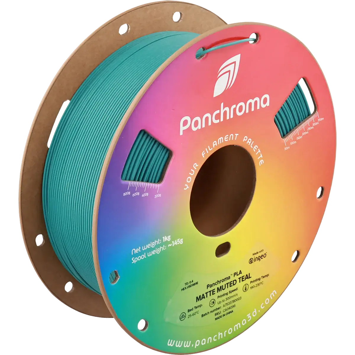 Polymaker Panchroma PLA Matt - das PLA für sanfte Oberflächen auf einer Teal-Filamentrolle.