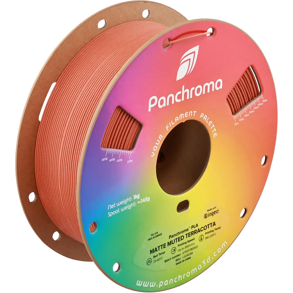 Polymaker Panchroma PLA Matt - das PLA für sanfte Oberflächen, Spule in mattem Terrakotta Farbton.