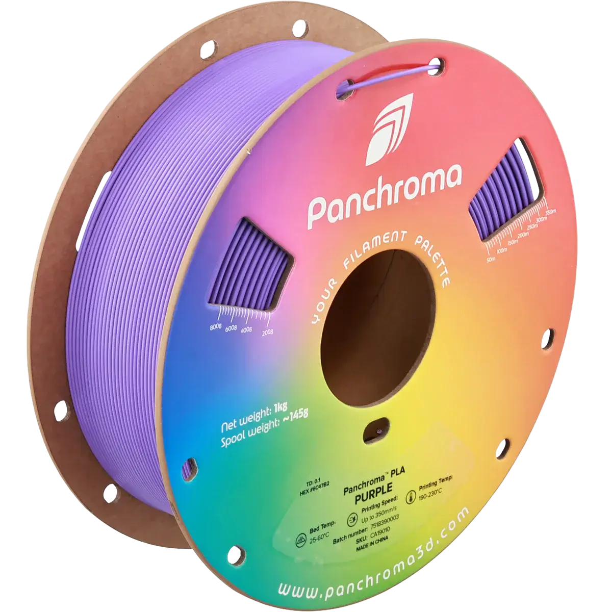 Polymaler Panchroma Basic PLA – Filament für den 3D-Druck, lila Filamentrolle auf einem bunten Spulenlabel.