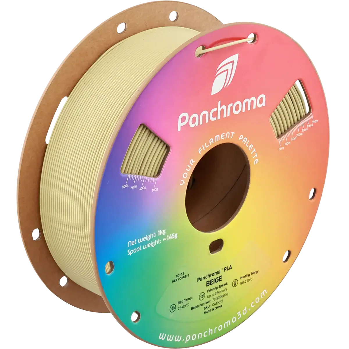 Polymaler Panchroma Basic PLA – Filament für den 3D-Druck auf einer Spule in Beige.