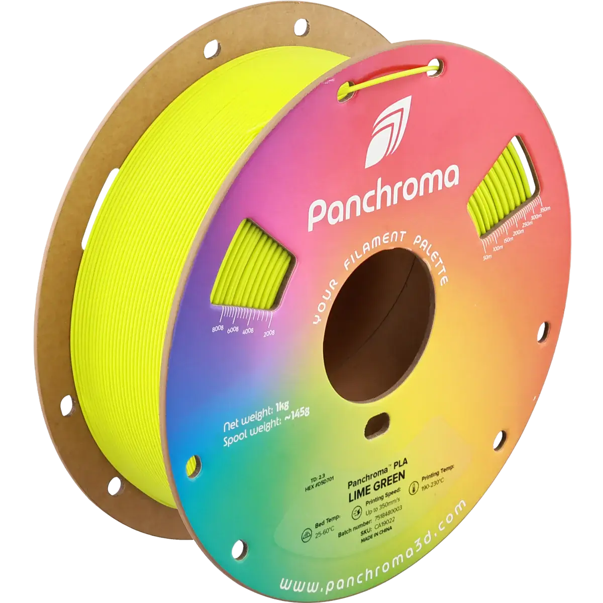 Polymaler Panchroma Basic PLA – Filament für den 3D-Druck in limettengrünem 1,75 mm Spool auf rainbowfarbiger Verpackung.