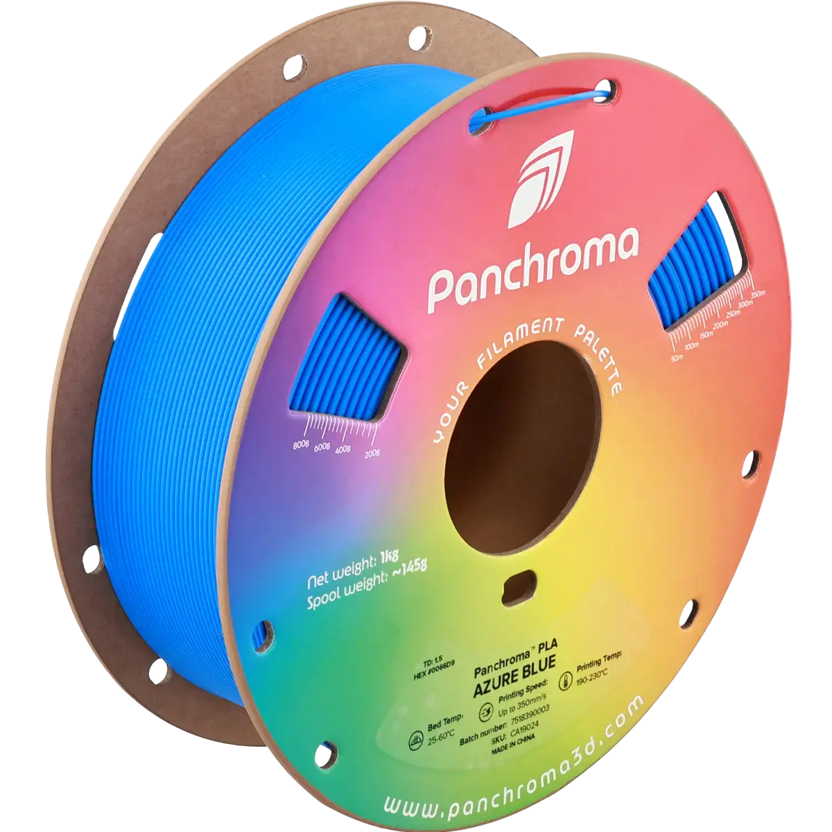 Polymaler Panchroma Basic PLA – Filament für den 3D-Druck, Spule in Azurblau mit halbglänzender Oberfläche.