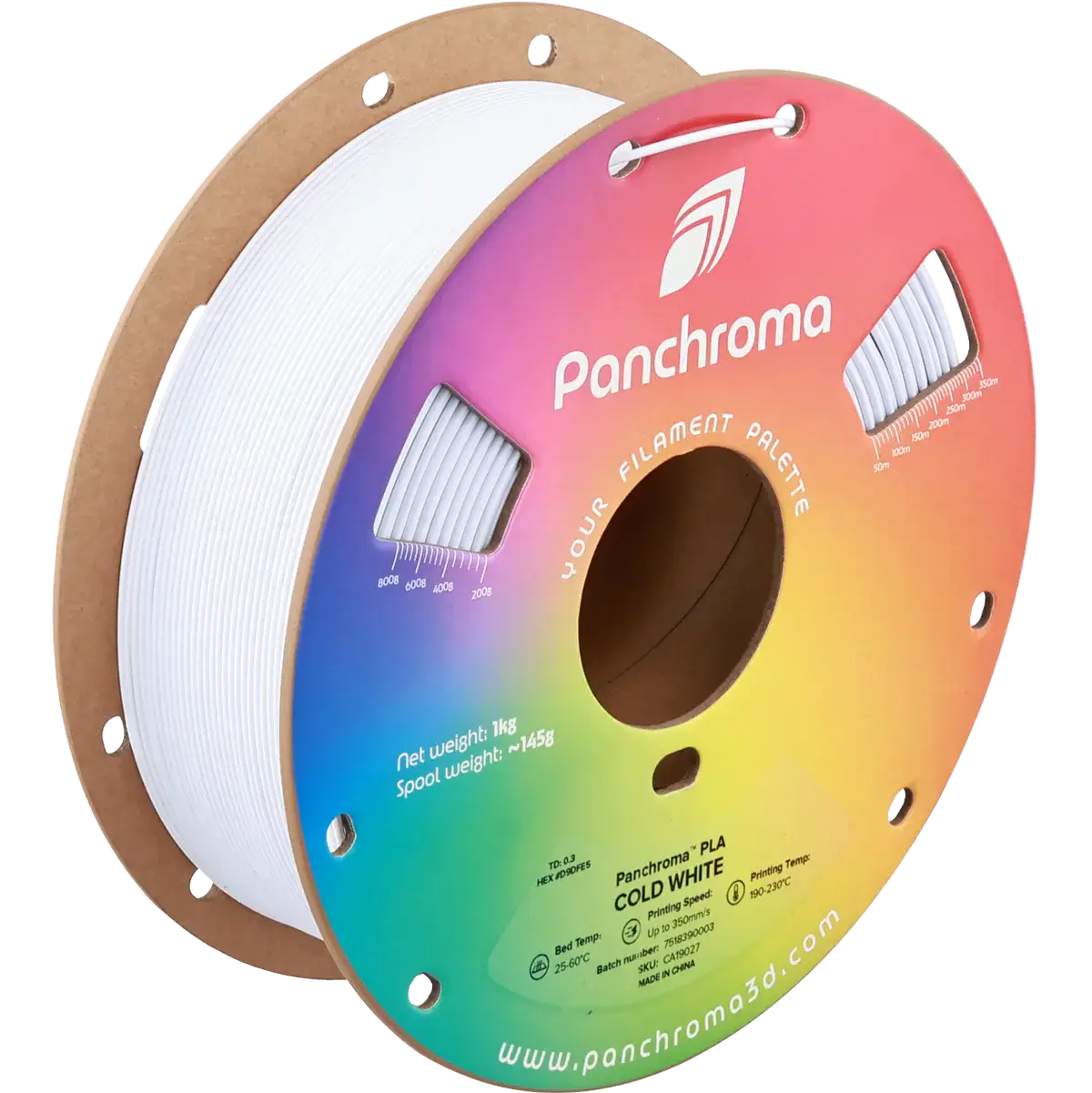 Polymaler Panchroma Basic PLA – Filament für den 3D-Druck in kühlem Weiß auf Spule mit buntem Etikett