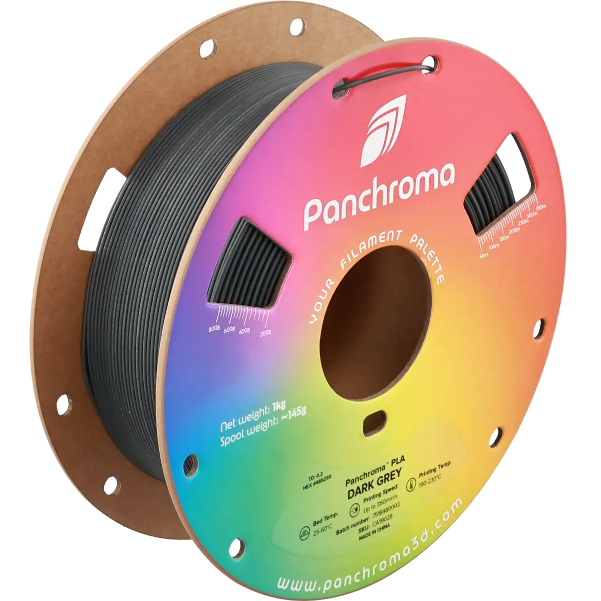 Polymaler Panchroma Basic PLA – Filament für den 3D-Druck in Dunkelgrau auf einer Spule.
