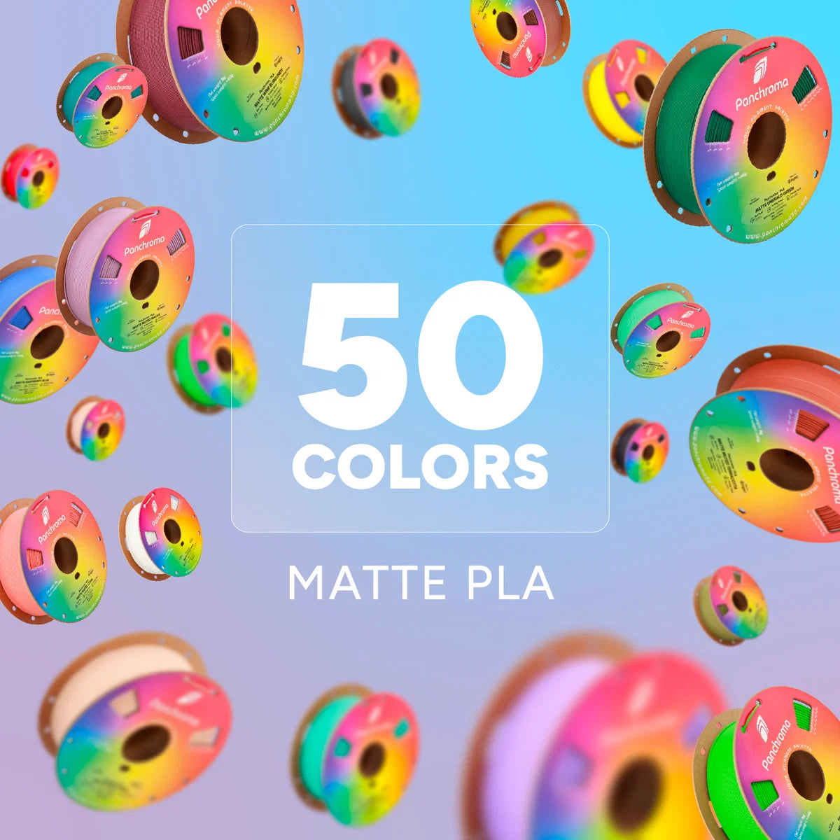 Polymaker Panchroma PLA Matte Filament: Übersichtsgrafik mit 50 Farben matter PLA-Spulen