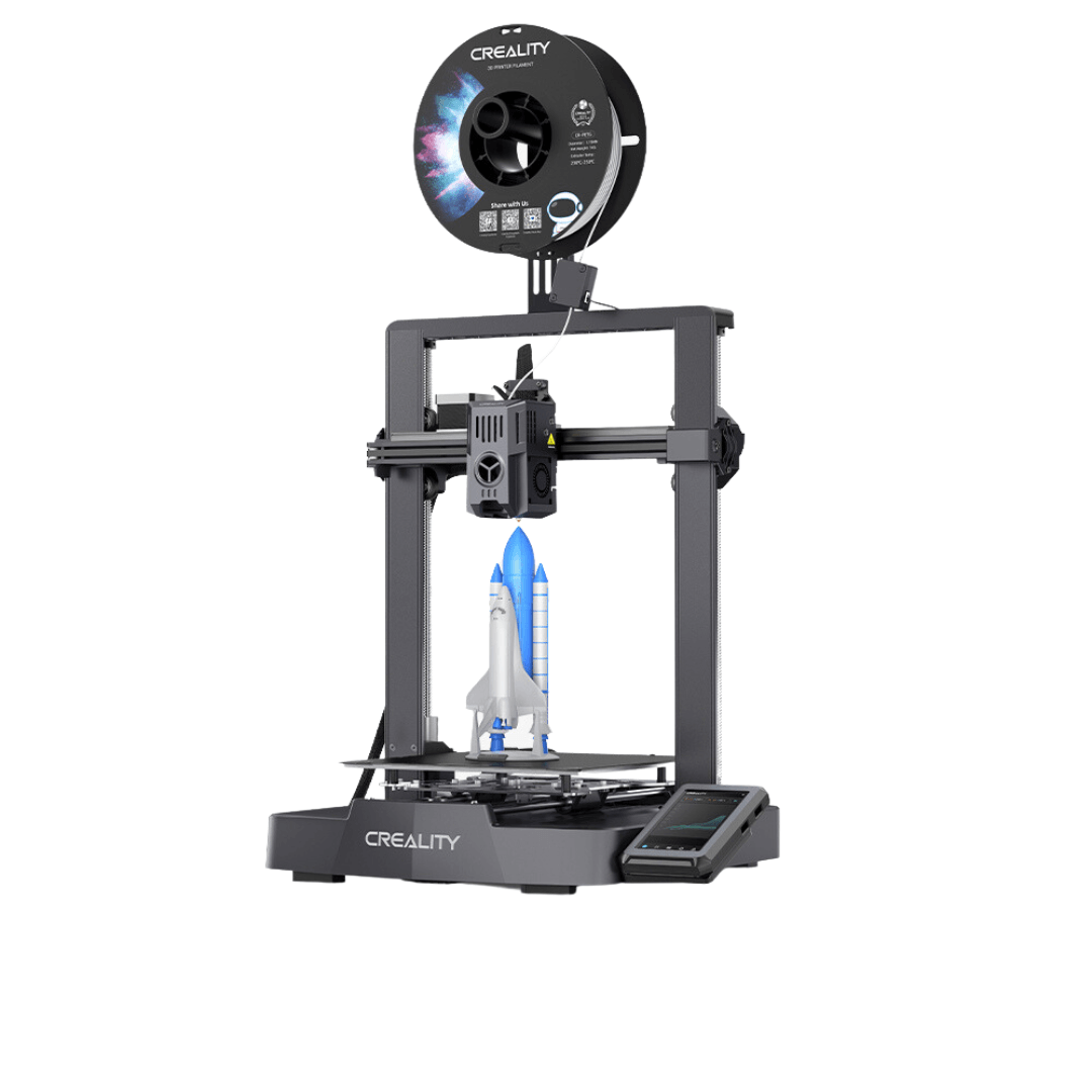 Creality Ender-3 V3 KE 3D Drucker mit Klipper-OS druckt ein Modell einer Rakete auf einem Druckbett.