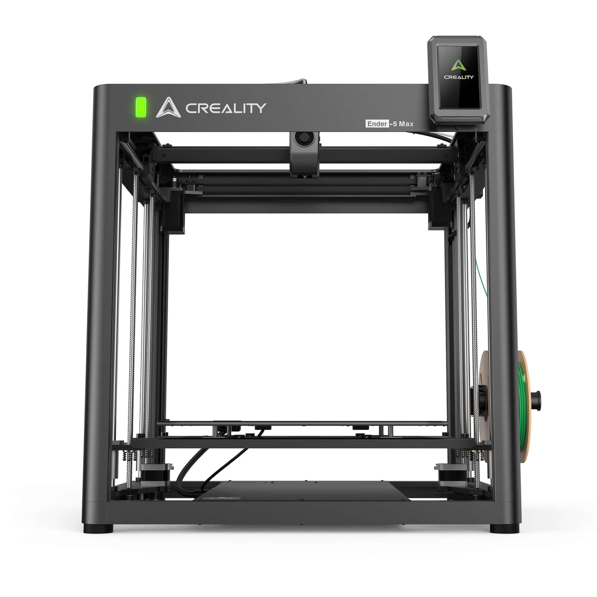 Creality Ender-5 Max 3D Drucker Frontansicht mit offenen Bauraum und Spule.