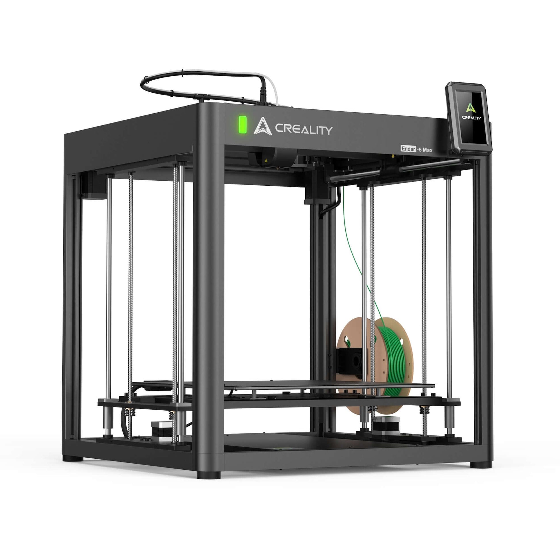 Creality Ender-5 Max 3D Drucker in einem modernen Design mit einer Filamentrolle im Hintergrund.