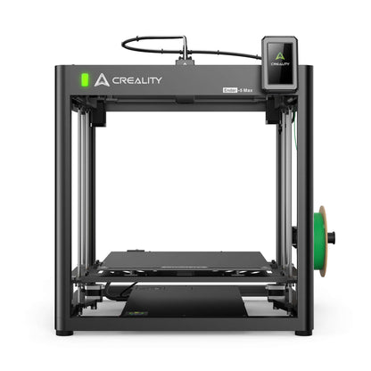Creality Ender-5 Max 3D Drucker Frontansicht mit grünem Filamenthalter und LCD-Display.