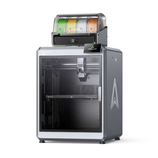 Creality K2 Plus Combo – FDM 3D-Drucker mit CFS und aktiver Kammerheizung mit farbigen Filamentrollen.