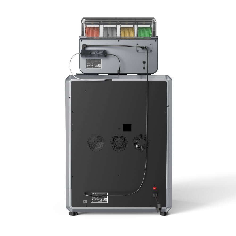 Creality K2 Plus Combo – FDM 3D-Drucker mit CFS, Rückansicht mit aktiver Kammerheizung und Creality Filament System.