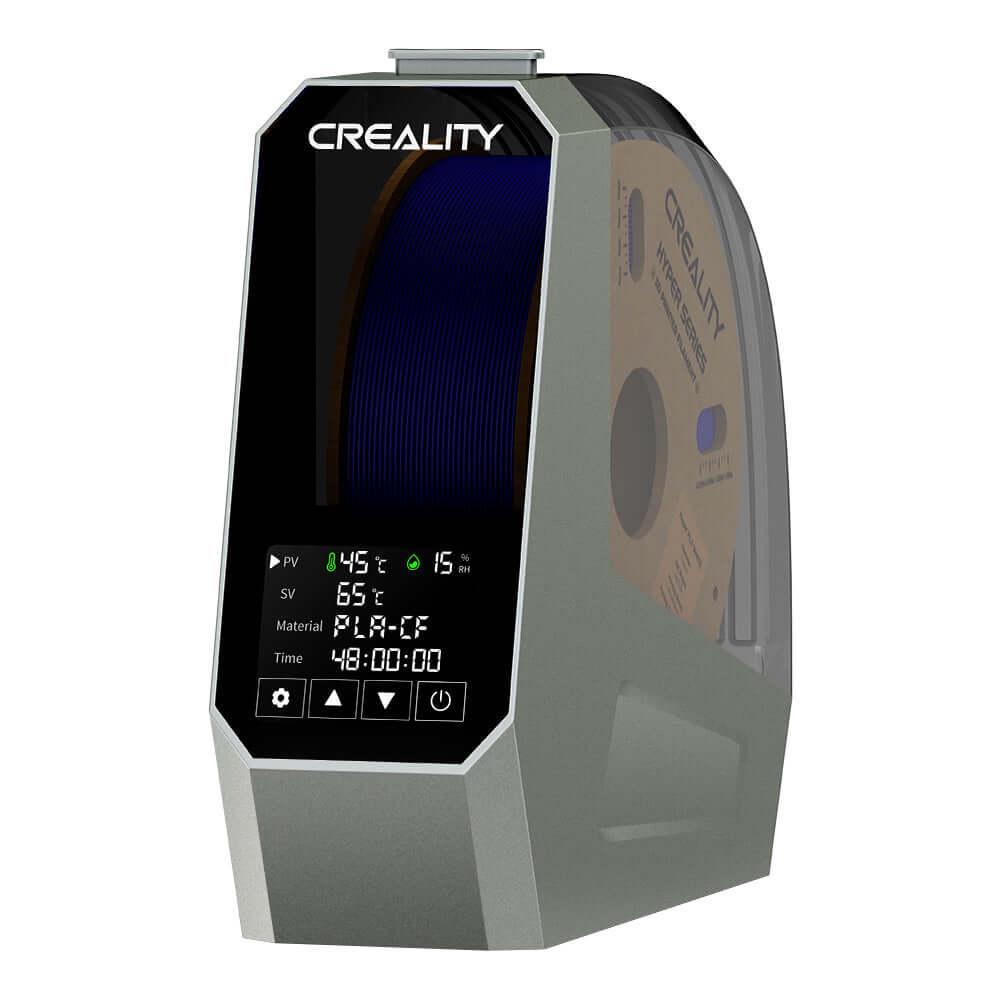 Creality Space Pi Filament Dryer – 1 Spule, 360° PTC mit digitalem Display und blauer Filamentrolle.