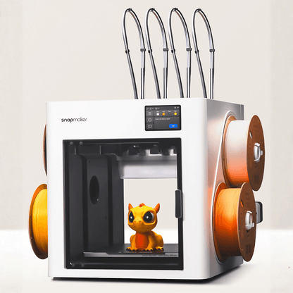 SNAPMAKER U1 Multimaterial 3D-Drucker mit vier unabhängigen Druckköpfen und Filamentrollen.
