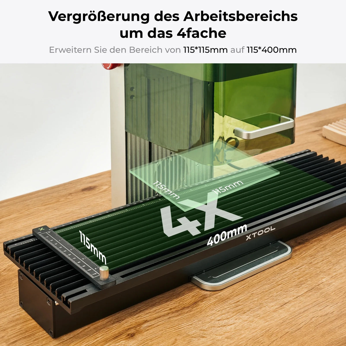 xTool F1 Slide Extension unter dem Lasergravierer, vergrößerter Arbeitsbereich