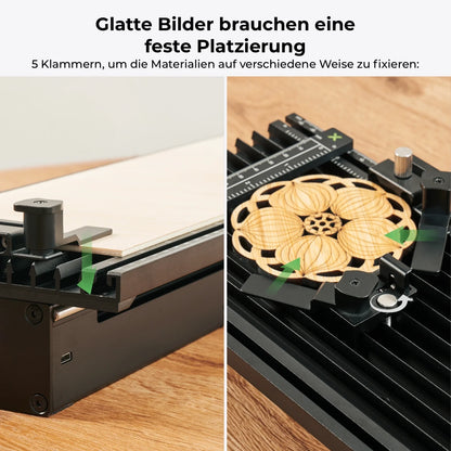 xTool F1 Slide Extension mit Klemmen, die das Werkstück festhalten