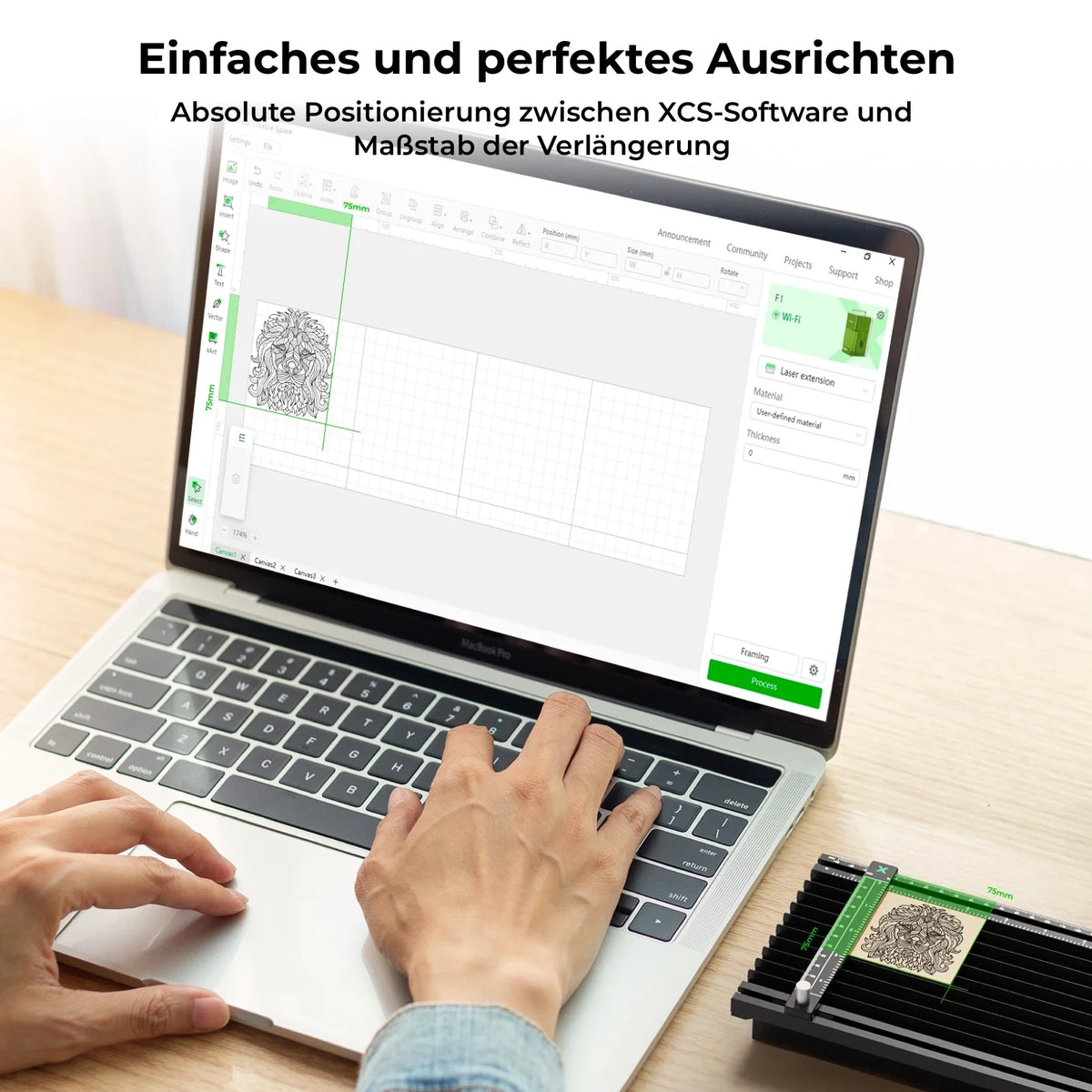 xTool F1 Slide Extension, Ausrichten in der Software am Laptop