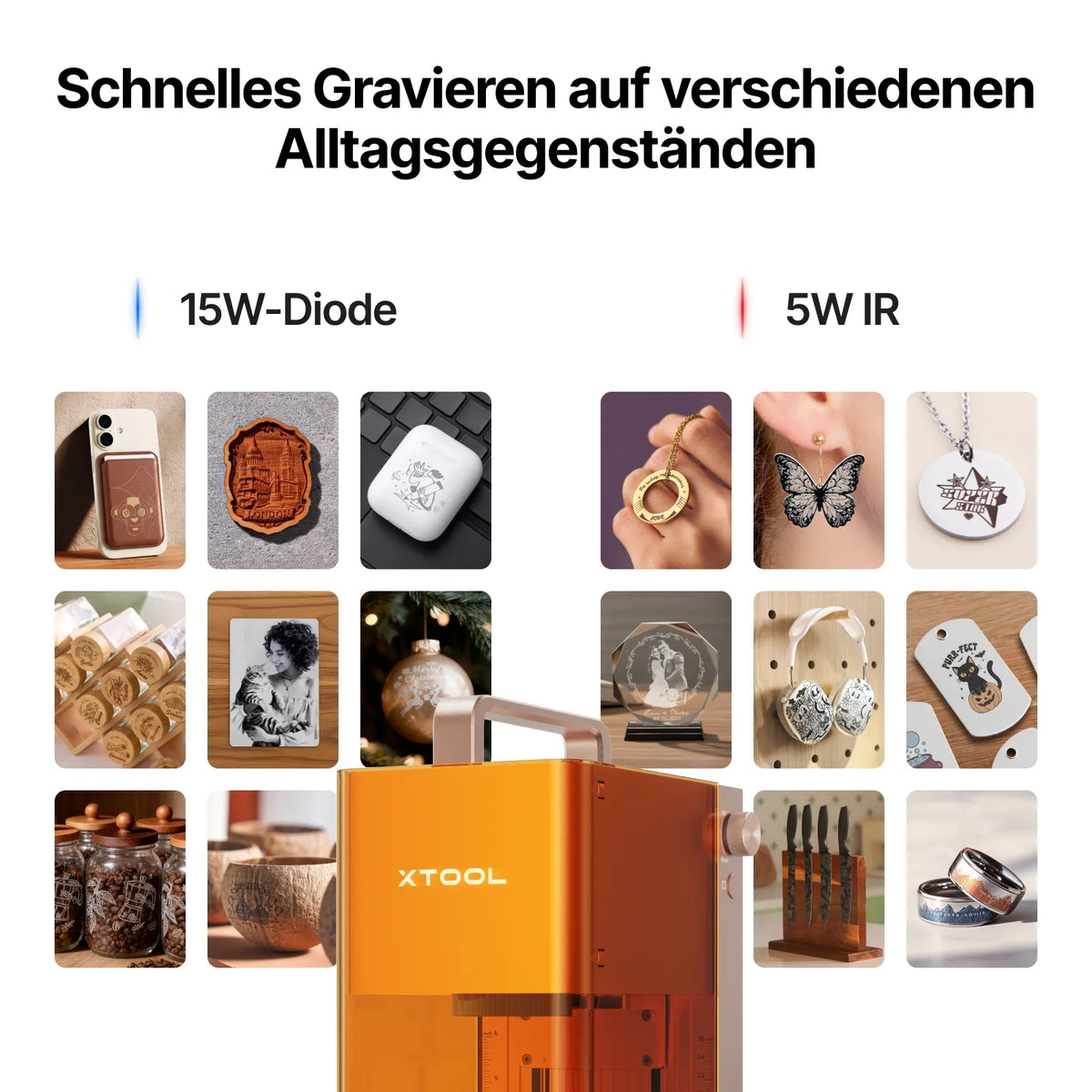 Lasergravierer xTool F2 mit gravierten Alltagsgegenständen aus Holz, Leder und Metall