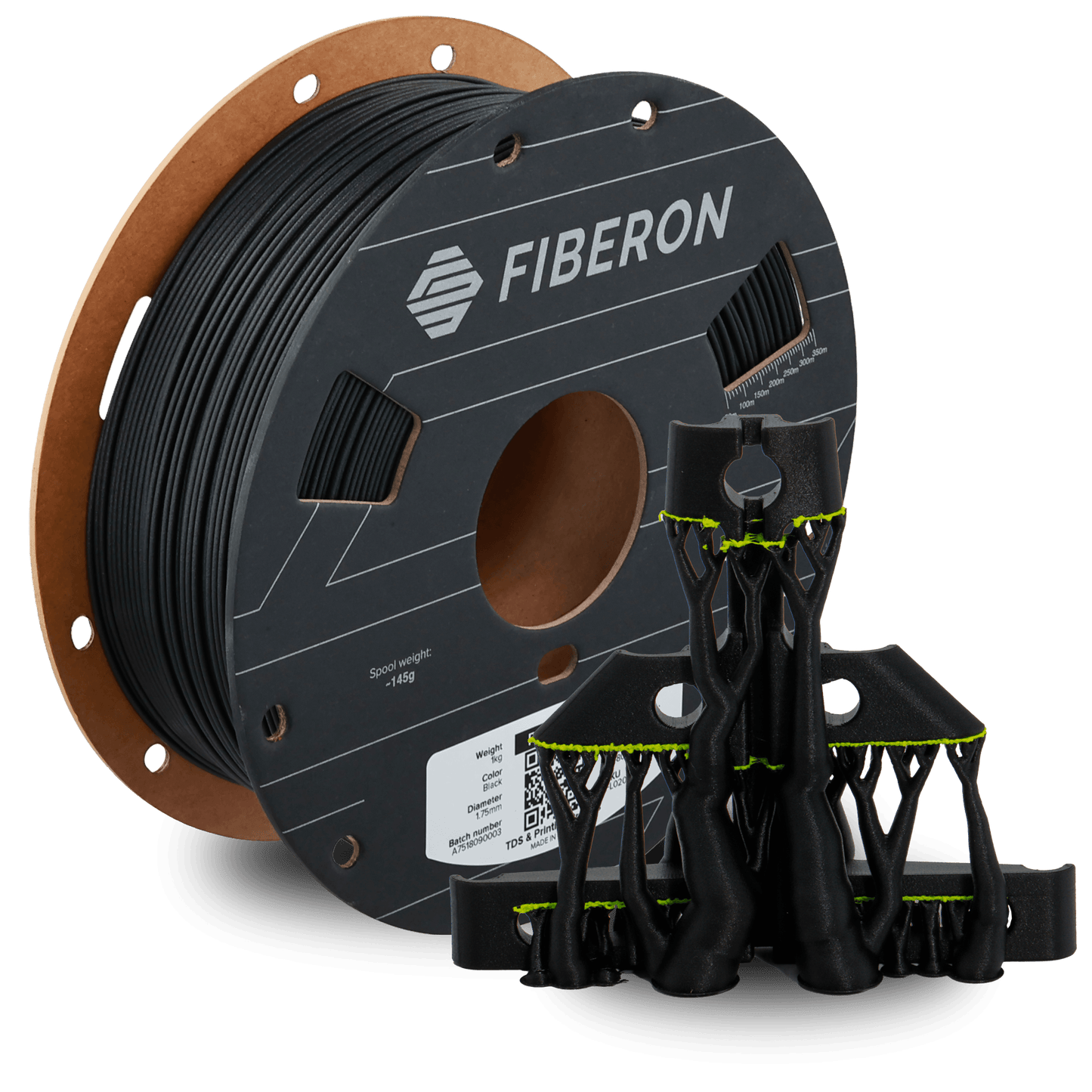 Polymaker Fiberon PET-GF15 – Glasfaserverstärktes PET-Filament auf einer Spule mit Druckteil.