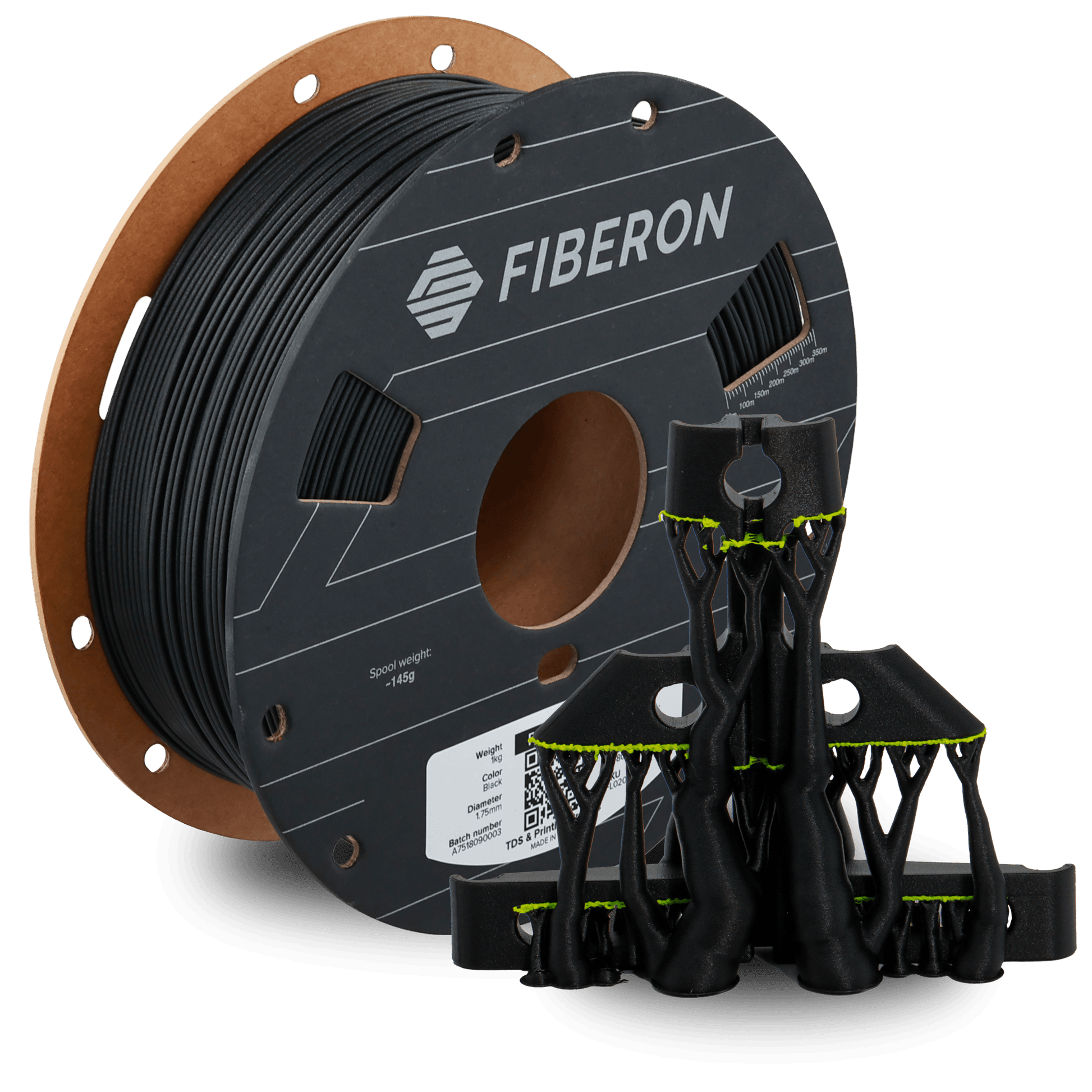 Polymaker Fiberon PET-GF15 – Glasfaserverstärktes PET-Filament auf einer Spule mit Druckteil.