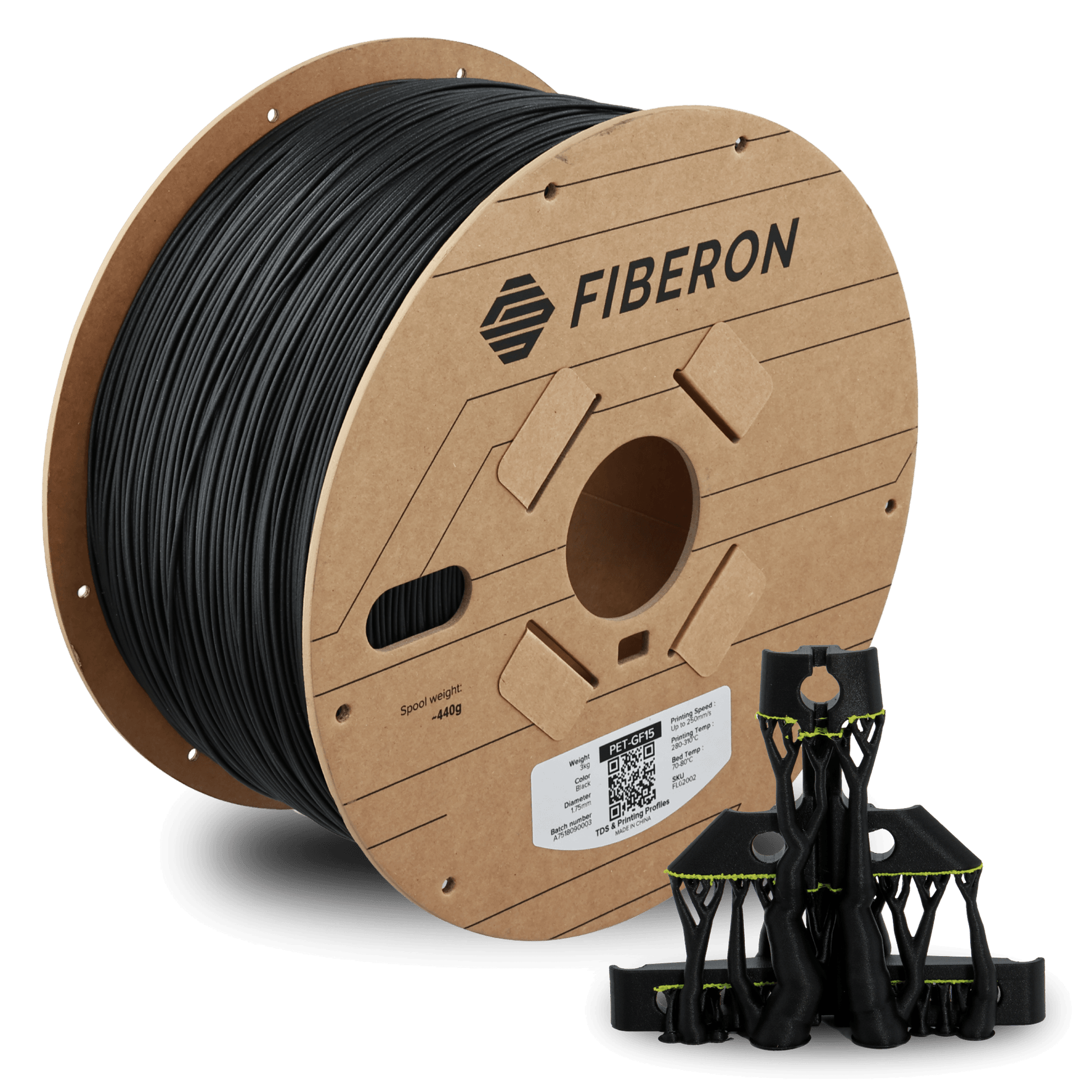 Polymaker Fiberon PET-GF15 – Glasfaserverstärktes PET-Filament auf Spule mit Zubehörteilen.