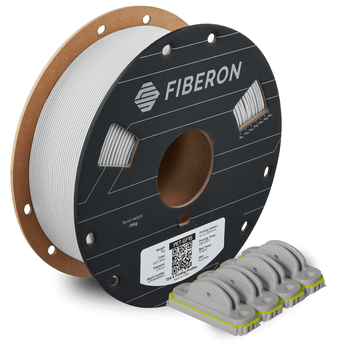 Polymaker Fiberon PET-GF15 – Glasfaserverstärktes PET-Filament Spule mit grauen 3D-Druckteilen und Label