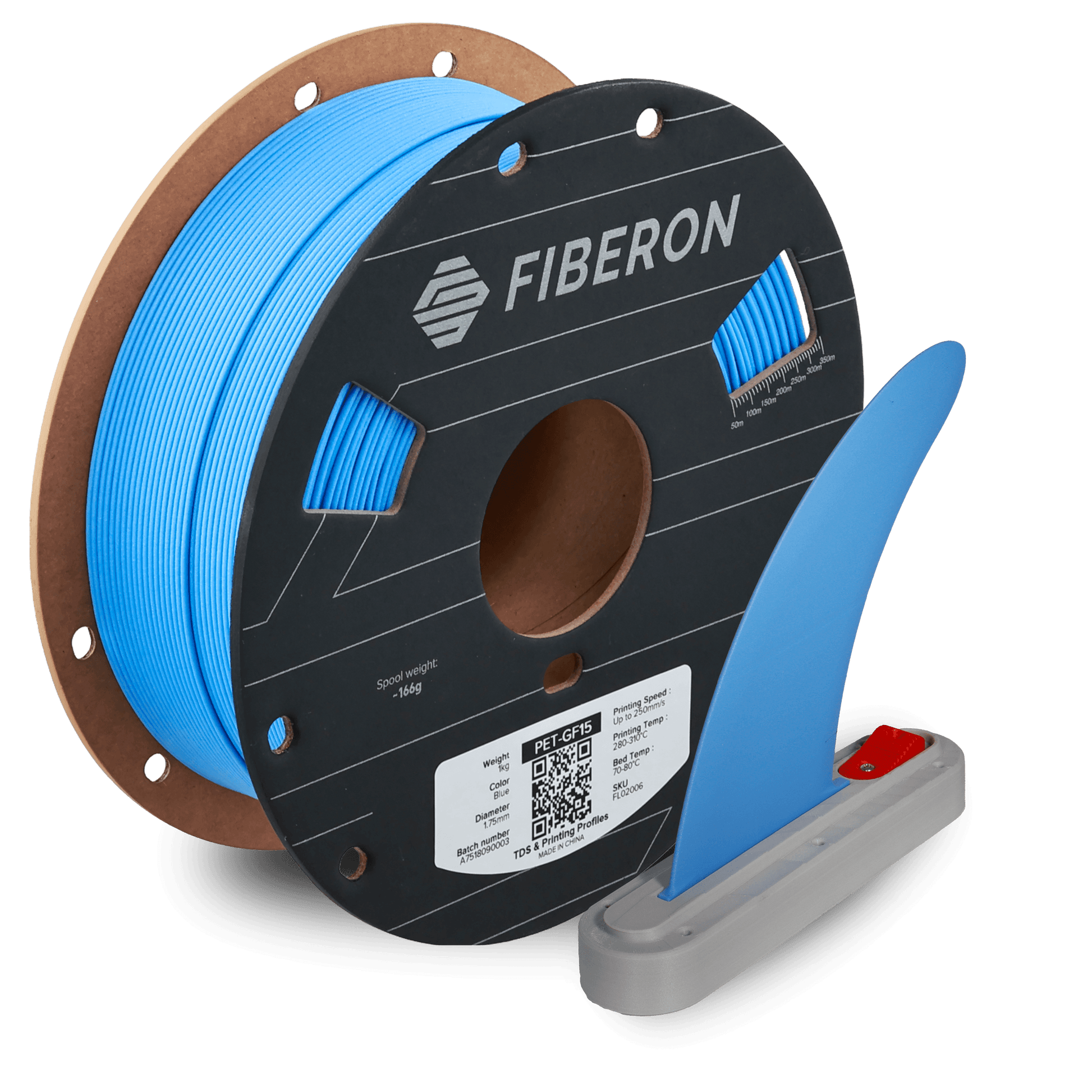 Polymaker Fiberon PET-GF15 – Glasfaserverstärktes PET-Filament auf Spule mit Farbkennzeichnung.