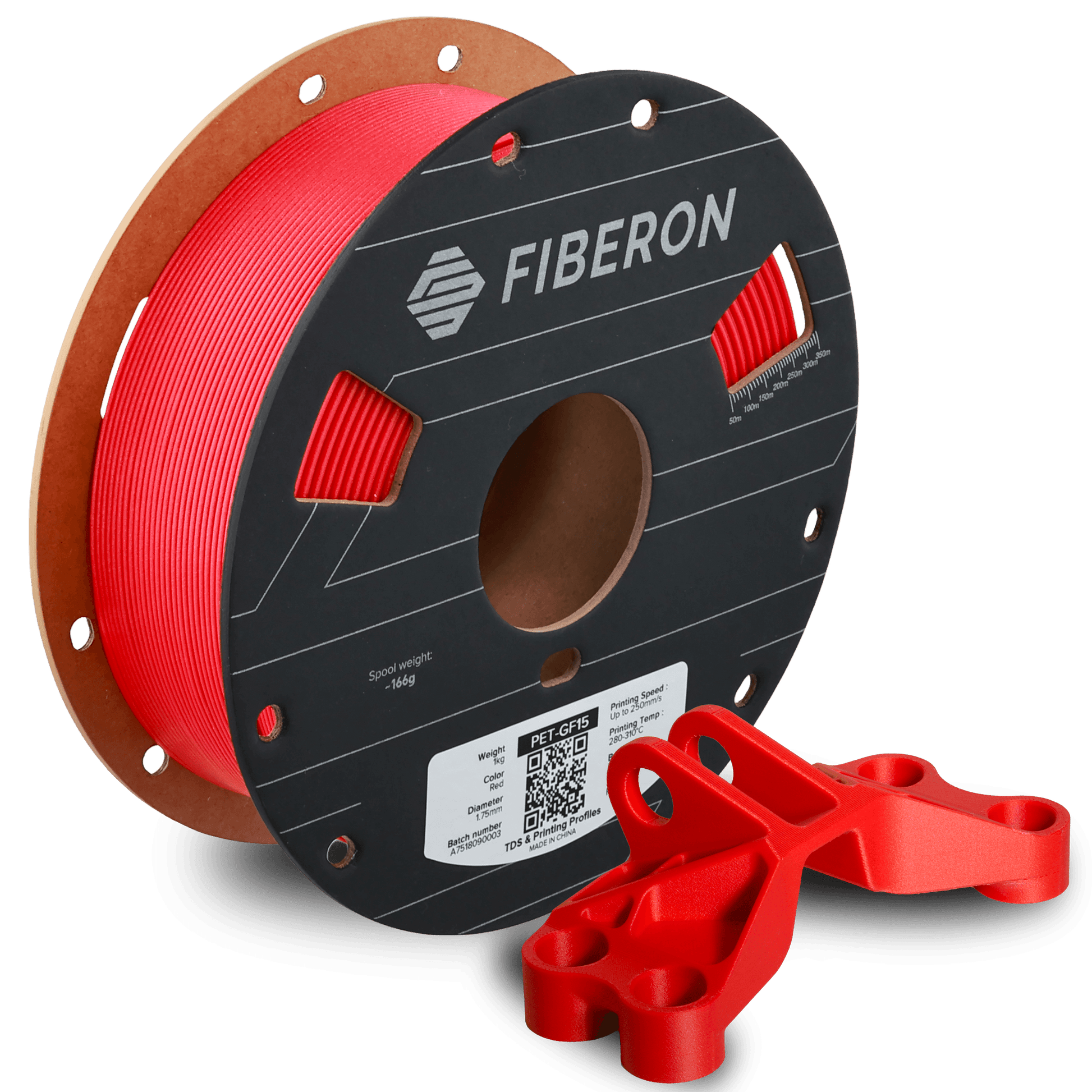 Polymaker Fiberon PET-GF15 – Glasfaserverstärktes PET-Filament und gedrucktes Teil in rot.