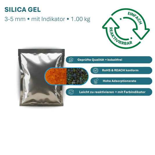 Silica Gel 3–5 mm Orange/Grün 1 Kg – Trockenperlen mit Farbindikator in einem transparenten Beutel.