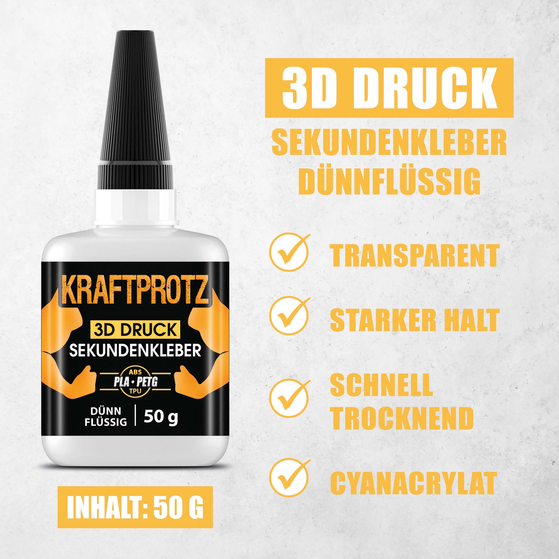 ARKA Kraftprotz 3D-Druck Sekundenkleber (50 g) Verpackung mit Eigenschaften des Sekundenklebers