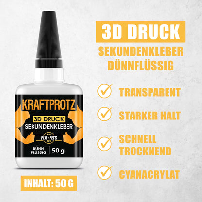 ARKA Kraftprotz 3D-Druck Sekundenkleber (50 g) Verpackung mit Eigenschaften des Sekundenklebers