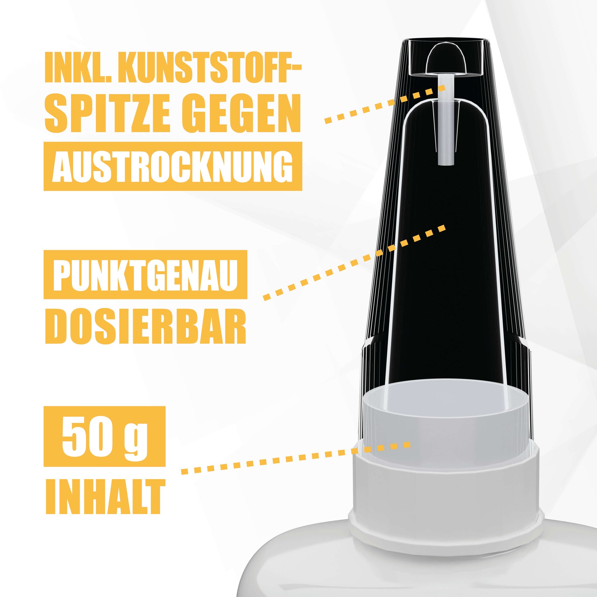 Detailaufnahme der Kunststoffspitze des ARKA Kraftprotz 3D-Druck Bundle - Sekundenkleber & Aktivator mit 50g Inhalt.