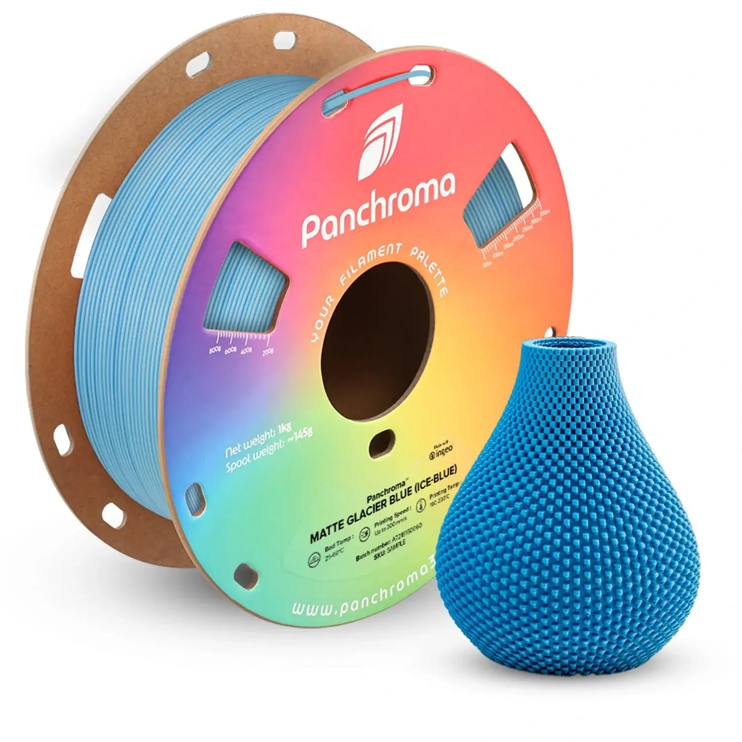 Polymaker Panchroma PLA Dual Matt - Spule und 3D-gedruckte Vase aus mattem Glazurblau