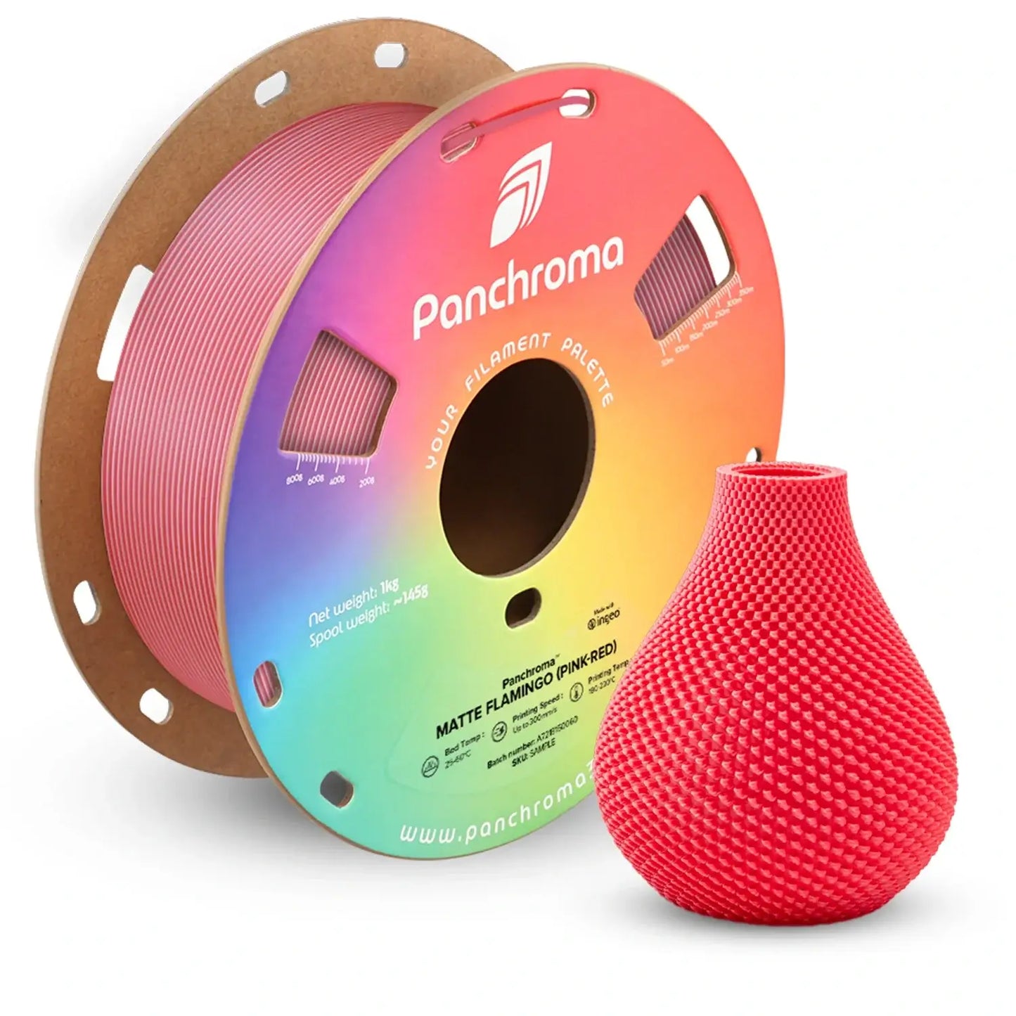 Polymaker Panchroma PLA Dual Matt spool with pink-red filament and textured vase