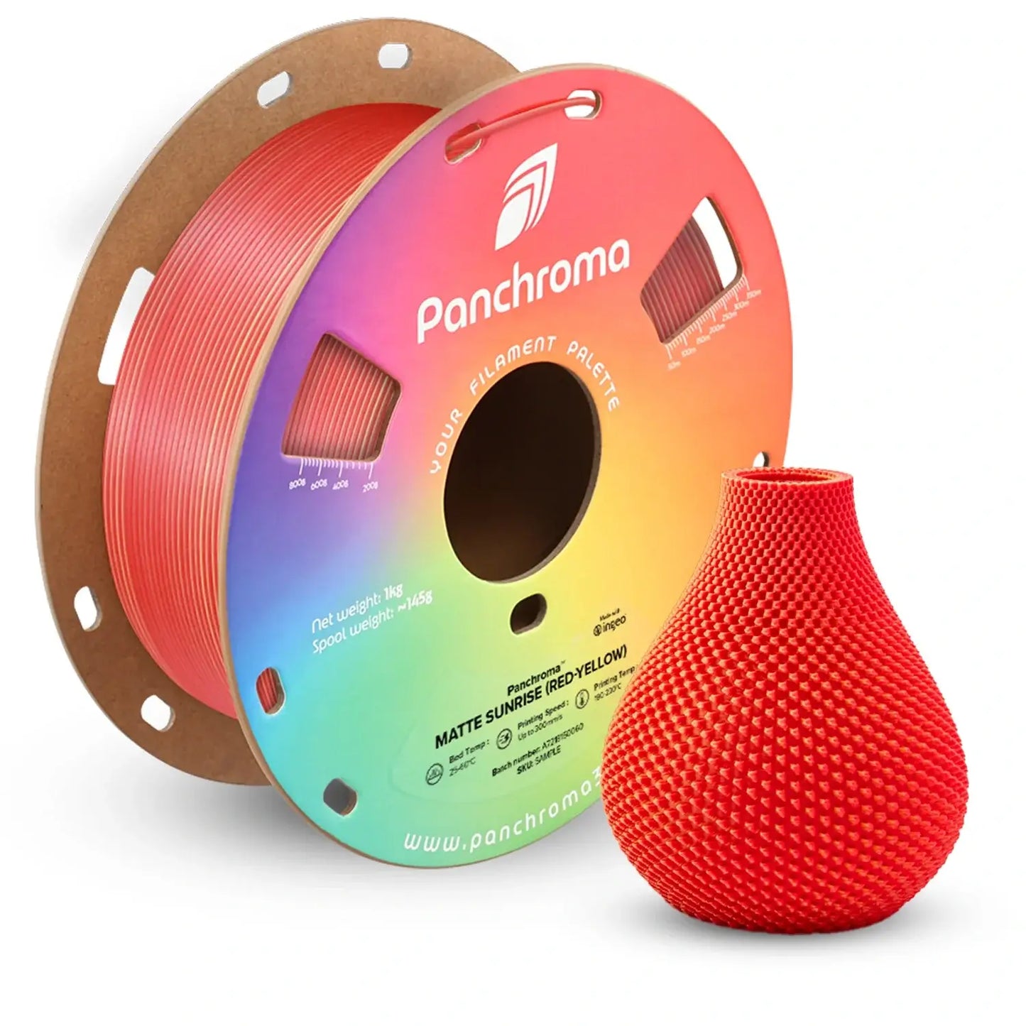 Polymaker Panchroma PLA Dual Matt spool with red vase printed in matte finish, showcasing vibrant color transitions.