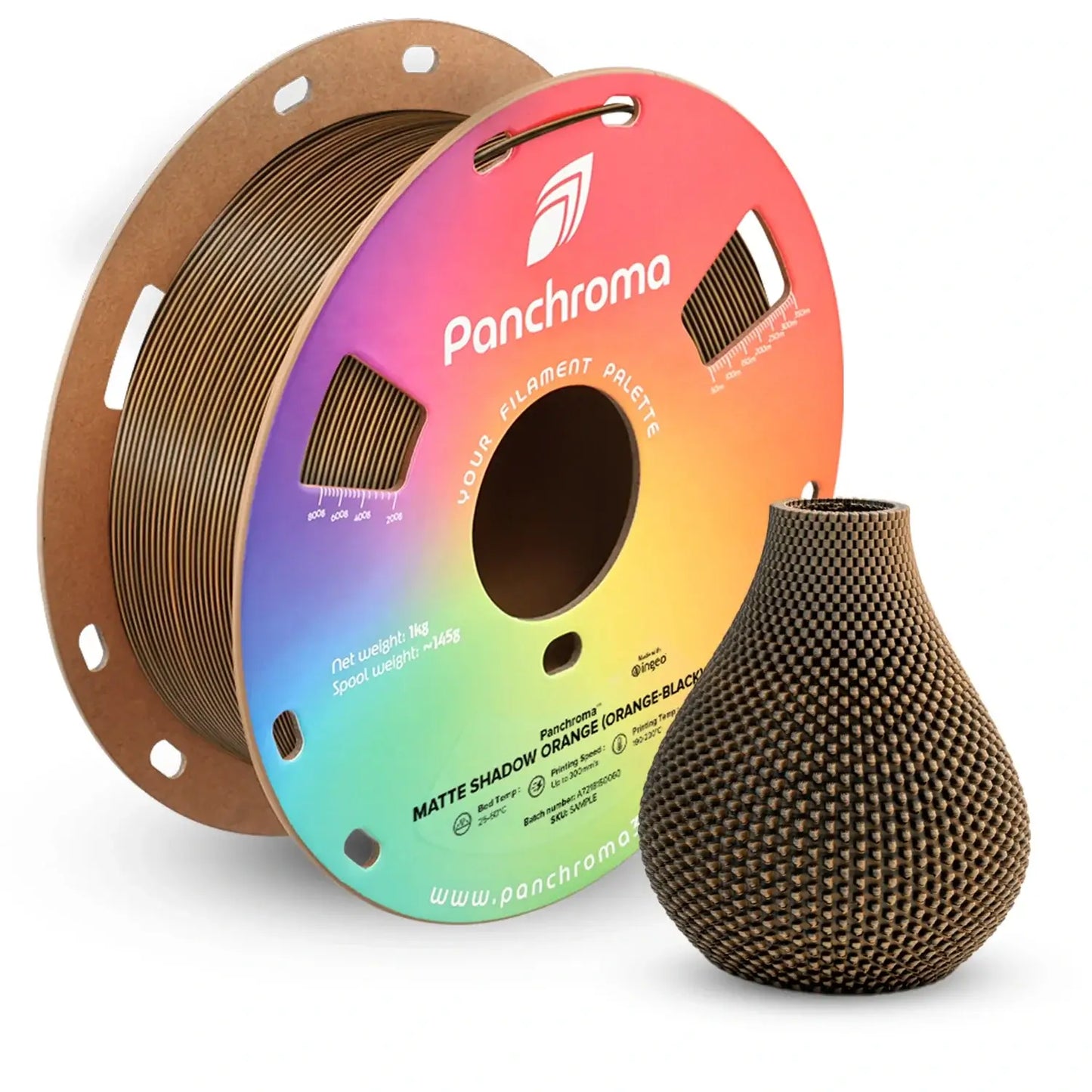 Polymaker Panchroma PLA Dual Matt filament spool with a matte shadow orange and black vase, showcasing dual-color effects.