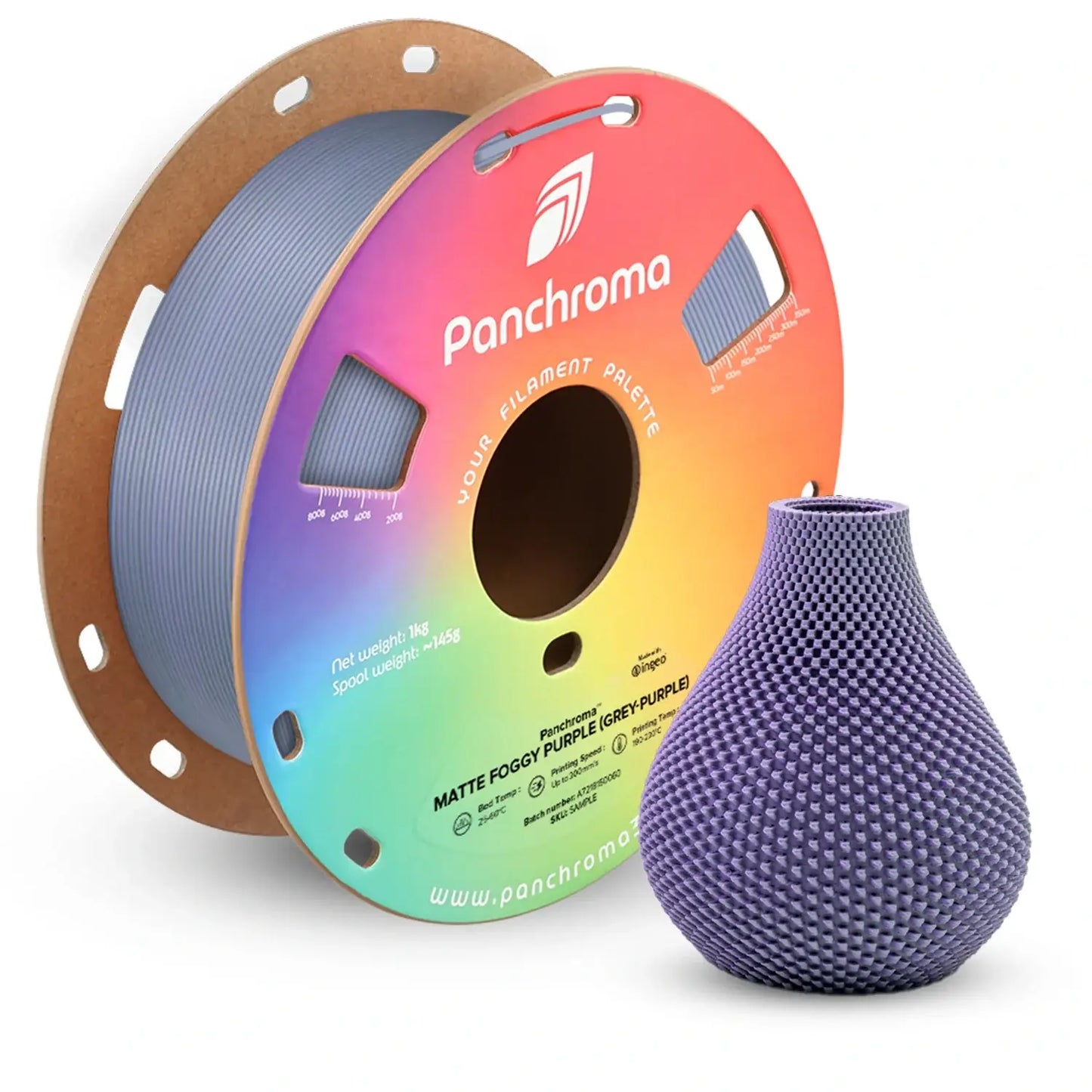Polymaker Panchroma PLA Dual Matt Spule mit mattem lila 3D-Druckobjekt für lebendige Farbübergänge.