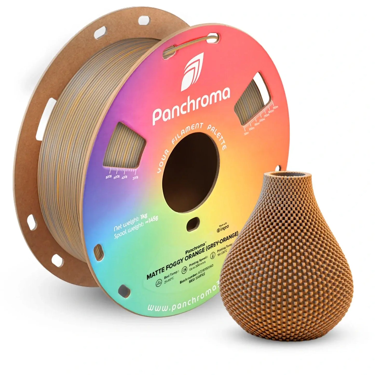 Polymaker Panchroma PLA Dual Matt Spule und 3D-gedruckte Vase in matte foggy orange.