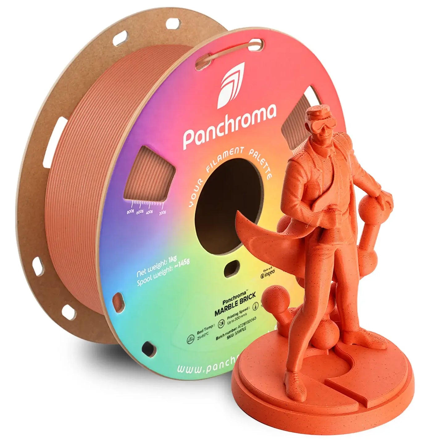 Polymaker Panchroma PLA Marble Effekt-Filament mit Spule und 3D-gedruckter Figur in orange