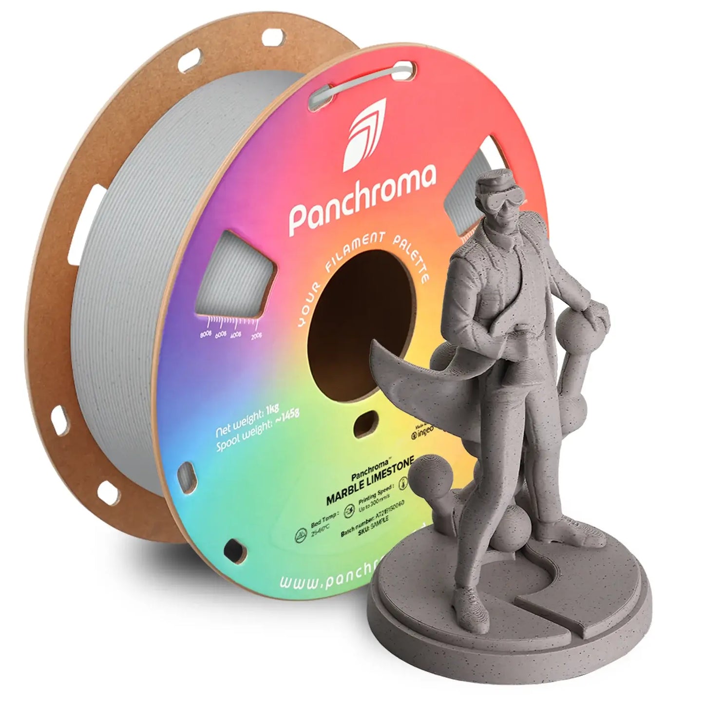 Polymaker Panchroma PLA Marble Effekt-Filament spool with a detailed 3D-printed marble statue.