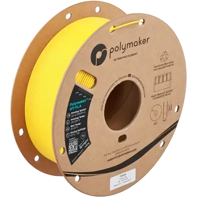Polymaker HT-PLA hitzebeständiges PLA Filament auf einer Spule in Gelb, ideal für 3D-Druck-Projekte.