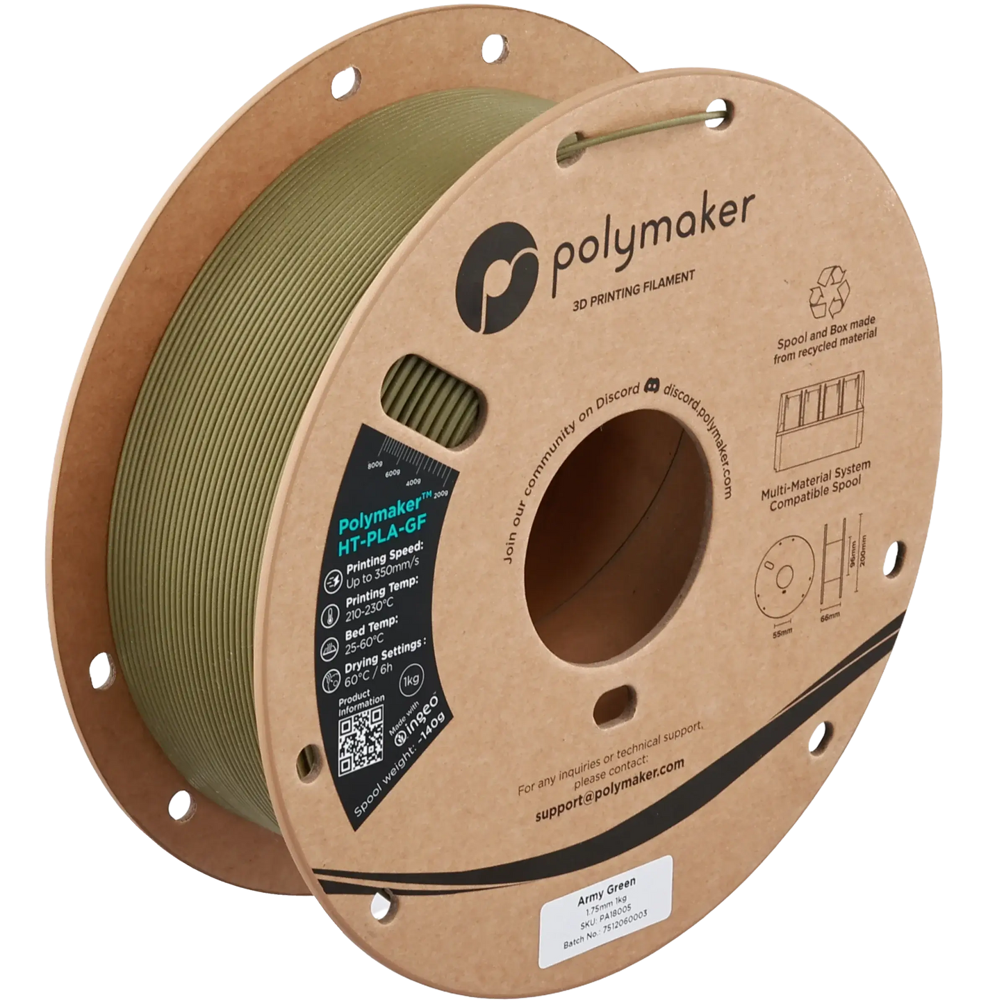 Polymaker HT-PLA-GF – Glasfaserverstärktes Hochtemperatur-PLA Filament auf Spule in Army Green.