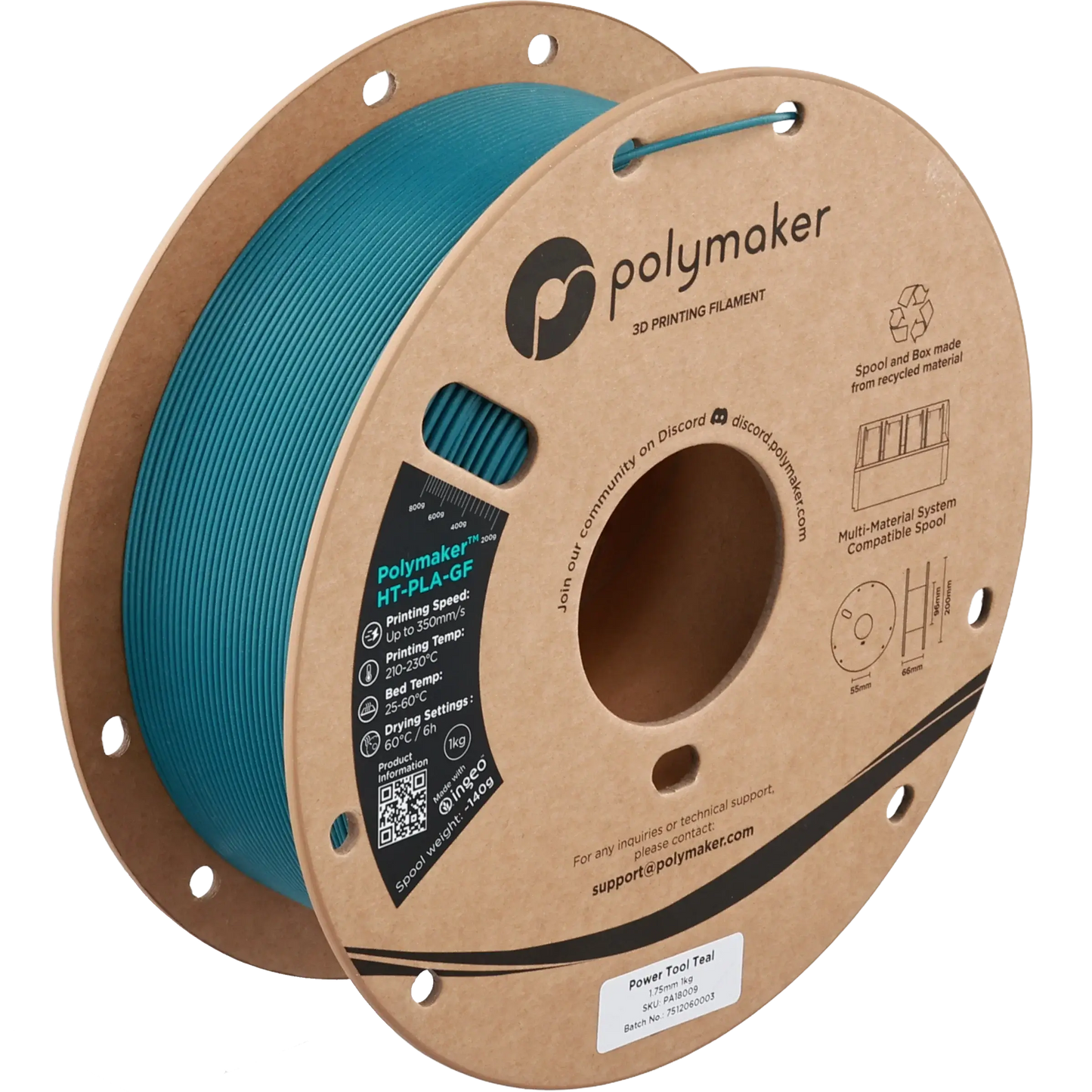 Polymaker HT-PLA-GF – Glasfaserverstärktes Hochtemperatur-PLA Filament auf Spule in Power Tool Teal Farbe.