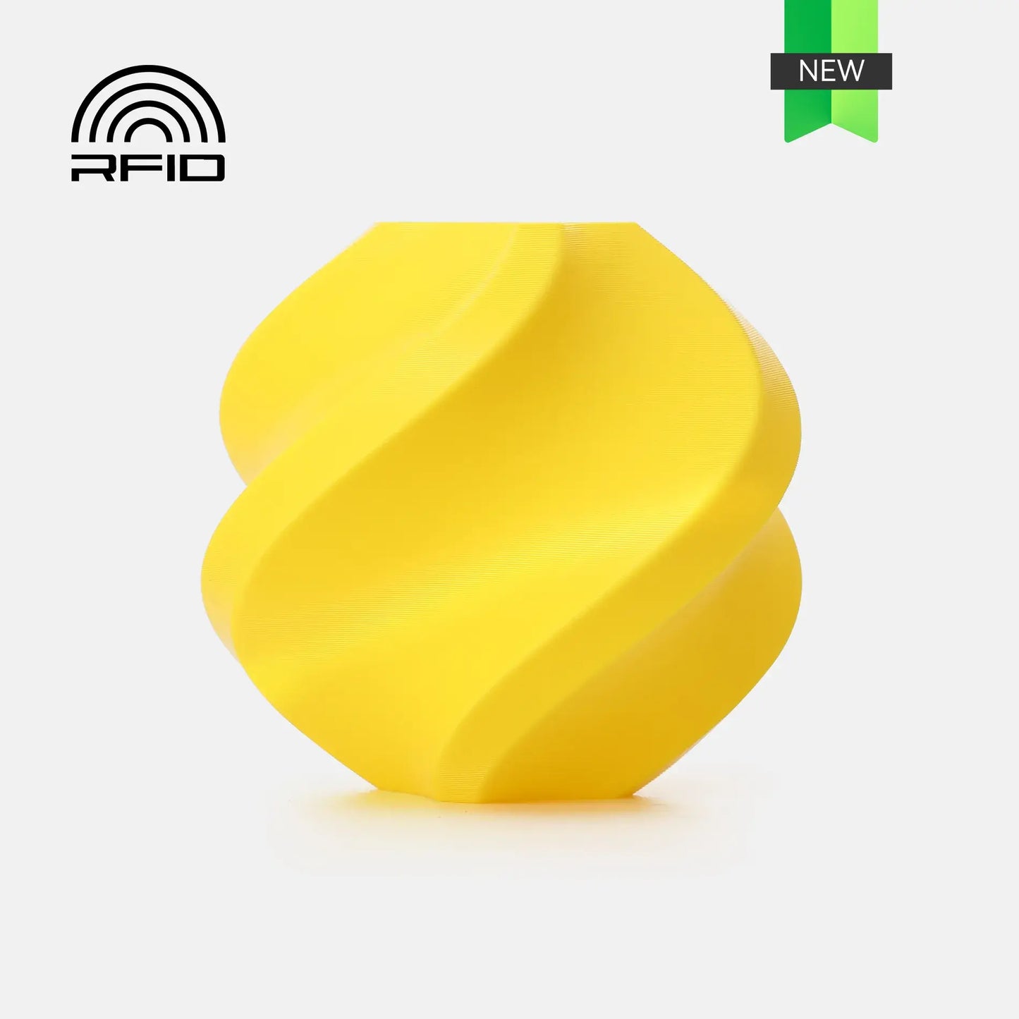 Bambu Lab PETG Basic – Filament für Outdoor & Funktion, gelbe, spiralförmige 3D-gedruckte Figur mit RFID-Technologie.