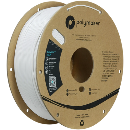 Polymaker ASA Filament in White, 1.75 mm diameter, 1.00 kg spool for outdoor 3D printing applications.